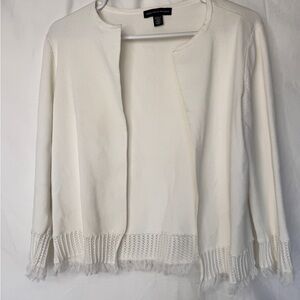 Saks Fifth Avenue White Open-Front Fringe Hem Sweater